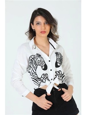 Moda Pollux Kadın Zebra Işlemeli Crop Gömlek Beyaz