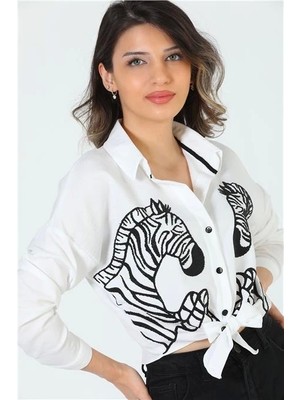 Moda Pollux Kadın Zebra Işlemeli Crop Gömlek Beyaz