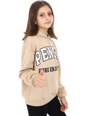 Pengai Krem Pengai Yazı Baskı Polarlı Kız Çocuk Sweatshirt 16462