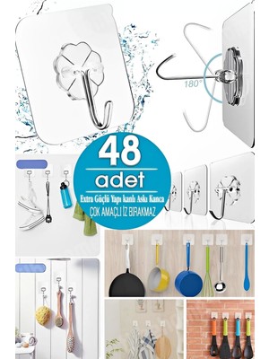 Tilbe Home 48'li Şeffaf Kancalı Duvar Askısı Iz Bırakmaz Güçlü Yapışkanlı Vantuz Banyo Mutfak Düzenleyici Askı