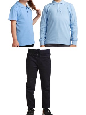 YHE Store Unisex Çocuk Ribana Bel Keten Okul Pantolonu + Polo Yaka Kısa ve Uzun Kol T-Shirt