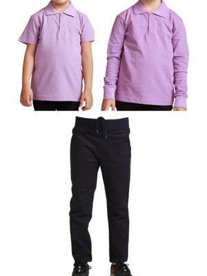 YHE Store Unisex Çocuk Ribana Bel Keten Okul Pantolonu + Polo Yaka Kısa ve Uzun Kol T-Shirt