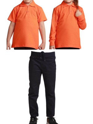 YHE Store Unisex Çocuk Ribana Bel Keten Okul Pantolonu + Polo Yaka Kısa ve Uzun Kol T-Shirt