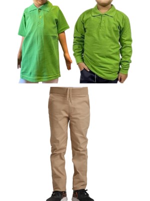 YHE Store Unisex Çocuk Ribana Bel Keten Okul Pantolonu + Polo Yaka Kısa ve Uzun Kol T-Shirt