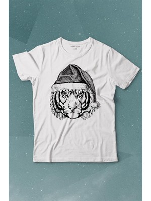 Kendim Seçtim Tiger Wild Cat Kaplan Fesli Noel Yılbaşı Christmas Baskılı Tişört Çocuk T-Shirt