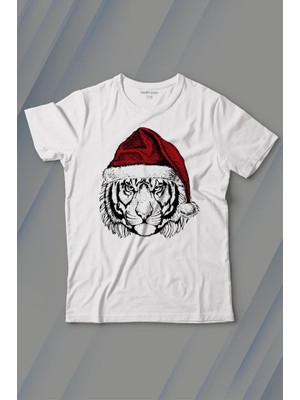 Kendim Seçtim Tiger Wild Cat Kaplan Fesli Noel Şapkalı Yılbaşı Christmas Baskılı Tişört Çocuk T-Shirt