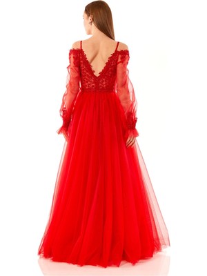 Elbisemhazır Prenses Model Kol Danet Detaylı Tül Kadın Abiye Elbise
