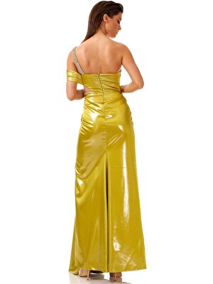 Elbisemhazır Tek Omuz Taşlı Zincir Askılı Yırtmaçlı Saten Uzun Abiye Elbise