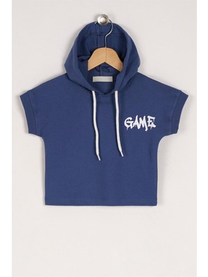 Zepkids Erkek Çocuk Indigo Renkli Game Baskılı Kapuşonlu Kısa Kol Sweatshirt