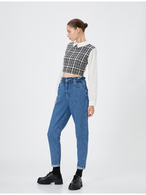 Koton Mom Jean Yüksek Bel Katlamalı Paça Pamuklu Cepli  Mom Jeans