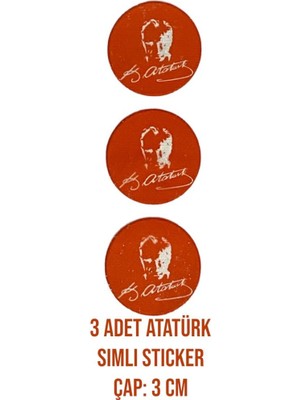 Sıfır312 3 Adet Atatürk Imzalı Yapıştırma Sticker - Yapıştırma Atatürk Imzalı 3,5 cm Çapında Simli Sticker