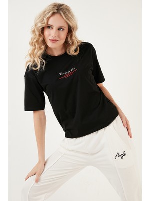 Lela Yazılı Detaylı Pamuklu Oversize Bisiklet Yaka T Shirt Bayan T Shirt 541RUEDELA