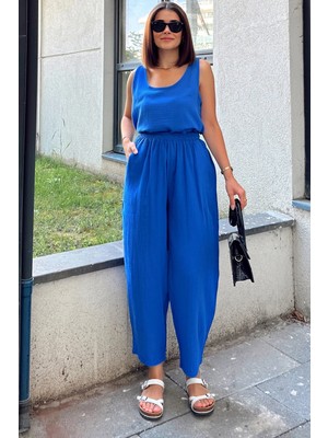 New Laviva Indigo Ithal Müslin Kumaş, Beli Lastikli,Cepli Rahat Kalıp Pantolon - Tesettüre Uygun