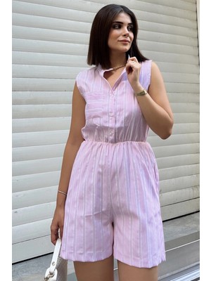 New Laviva Lila Kolsuz, Düğmeli Hakim Yaka, Beli Lastikli, Cepli, Şort Modelli Kısa Çizgili Tulum