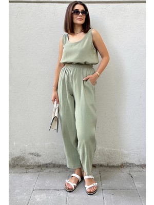 New Laviva Haki Ithal Müslin Kumaş, Beli Lastikli,Cepli Rahat Kalıp Pantolon - Tesettüre Uygun