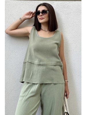 New Laviva Haki Ithal Müslin Kumaş, Basic, Katlı, Salaş Askılı Bluz & Atlet