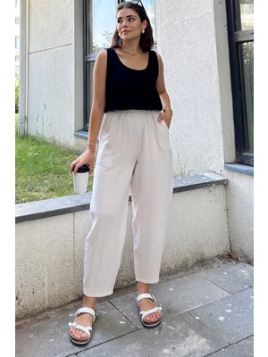 New Laviva Taş Ithal Müslin Kumaş, Beli Lastikli,Cepli Rahat Kalıp Pantolon - Tesettüre Uygun