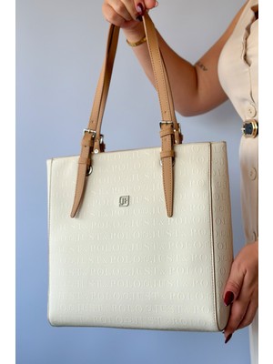 Just Polo Büyük Boy 31 cm * 30 cm 4 Bölmeli Günlük Kullanıma Uygun Tote Bag Kadın Omuz Çantası 4067 Krem