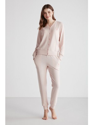 U.S. Polo Assn. 16956 Kadın Pembe Melanj Patlı Uzun Kollu Pijama Takımı -Pembemelanj