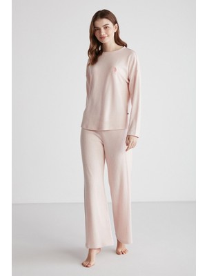 U.S. Polo Assn. 16954 Kadın Pembe Melanj Yuvarlak Yaka Uzun Kollu Pijama Takımı -Pembemelanj
