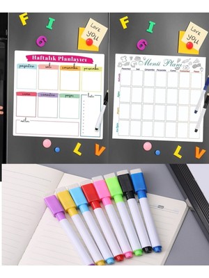 Dünya Magnet 2 Haftalık Menü Planlayıcı Yazı Tahtası Pano 31 x 34 cm Renkli 6 Kalem ile Set