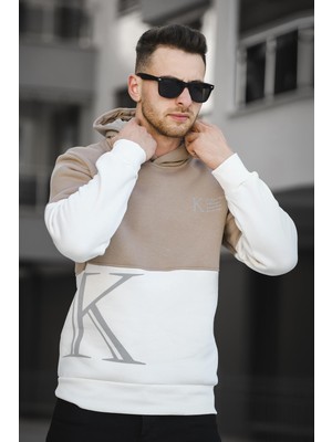 Oksit Kewin Üç İplik Şardonlu Baskılı Çift Renk Parçalı Kapüşonlu Erkek Sweatshirt