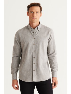 Altınyıldız Classics Erkek Haki Slim Fit Dar Kesim Gizli Düğmeli Yaka Pamuklu Armürlü Gömlek
