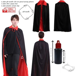 Kırmızı Siyah Renk 120 cm Çift Taraflı Drakula Vampir Pelerini Dişi Kanı 3 Lü Set Yetişkin Halloween