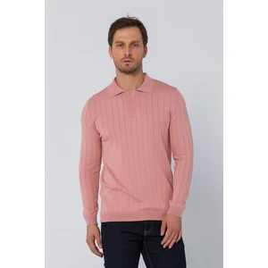 Erkek Regular Fit Düz Renk Polo Yaka Düğmeli Uzun Kollu Çizgili Triko Kazak