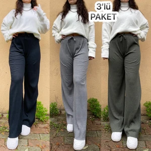 3'lü Paket Kadın Fitilli Çizgili Penye Raporlu Pamuklu Pijama Altı Eşofman Bebe Mavisi Gri Lila