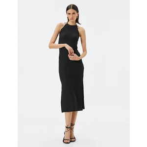 Triko Elbise Midi Halter Yaka Yırtmaçlı