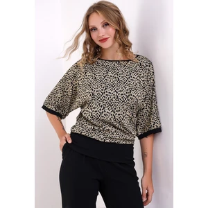 Melipilla Kadın Yumuşak Dokulu Yarasa Truvakar Kollu Leopar Desen Jakar Örme Bluz & Penye Bluz