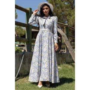 Küçüğüm Butik Tesettür Mavi Pastel  Çiçekli Boyundan Bağlamalı Kloş Elbise