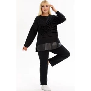 Yaprak Taş Baskılı Eteği Derili Yuvarlak Yaka Uzun Kol Beli Lastikli Cepli Rahat Eşofman Takım