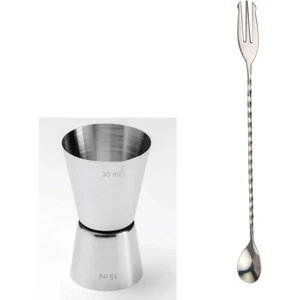 Adin Tasarım Çatallı Bar Kaşığı + Jigger 1.5/3 cl Kokteyl Ölçeği Bartender Bar Seti
