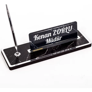 İsimlik Sepeti Mermer Desenli Ahşap Masa Isimliği Ofis Hediye Gümüş Isimlik