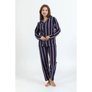 Kadın Çizgili Önü Düğmeli Polar Pijama Takımı Siyah