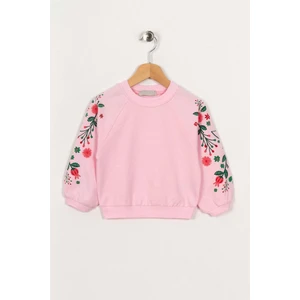 Kız Çocuk Pudra Renkli Reglan Kol Çiçek Baskılı Sweatshirt