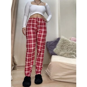Kırmızı Yeşil Ekoseli Kareli Kadın Kadife Pijama Altı Eşofman Pamuklu