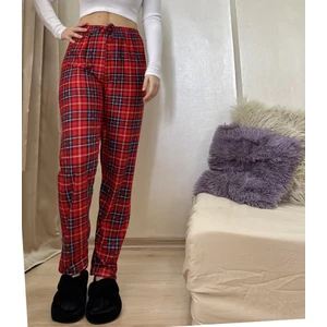 Kırmızı Yeşil Ekoseli Kareli Kadın Kadife Pijama Altı Eşofman Pamuklu