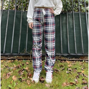 Kadın Pamuklu Ekose Desenli Pijama Altı Eşofman Kurdeleli Beyaz Lacivert Kare