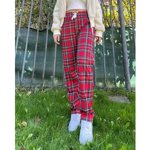 Kadın Pamuklu Ekose Desenli Pijama Altı Eşofman Kurdeleli Beyaz Lacivert Kare