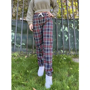 Kadın Pamuklu Ekose Desenli Pijama Altı Eşofman Kurdeleli Beyaz Lacivert Kare