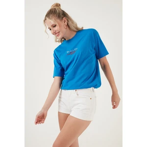 Yazılı Detaylı Pamuklu Oversize Bisiklet Yaka T Shirt Bayan T Shirt 541RUEDELA