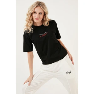 Yazılı Detaylı Pamuklu Oversize Bisiklet Yaka T Shirt Bayan T Shirt 541RUEDELA