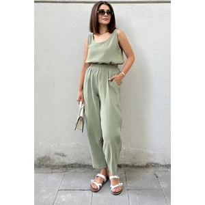 New Laviva Haki Ithal Müslin Kumaş, Beli Lastikli,Cepli Rahat Kalıp Pantolon - Tesettüre Uygun