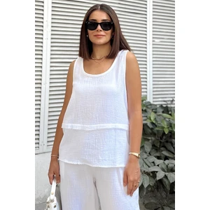 New Laviva Beyaz Ithal Müslin Kumaş, Basic, Katlı, Salaş Askılı Bluz & Atlet