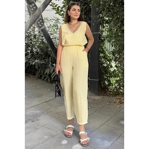 New Laviva Sarı Ithal Müslin Kumaş, Beli Lastikli,Cepli Rahat Kalıp Pantolon - Tesettüre Uygun