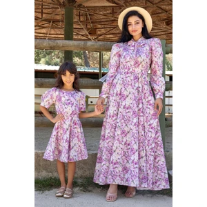 Küçüğüm Butik Tesettür Pembe Pastel Çiçekli Boyundan Bağlamalı Kloş Anne Kız Kombini (Tekli Satılmaktadır)