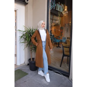 Burcu Tesettür Çizgi Detaylı Kapşonlu Trenç  BRC1901 Taba